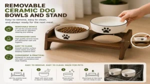 Removable ceramic dog bowls and stand making cleaning and refilling quick and easy