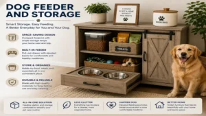 Space-saving dog feeder and storage cabinet creating a clean, organized, and efficient feeding area for dogs.