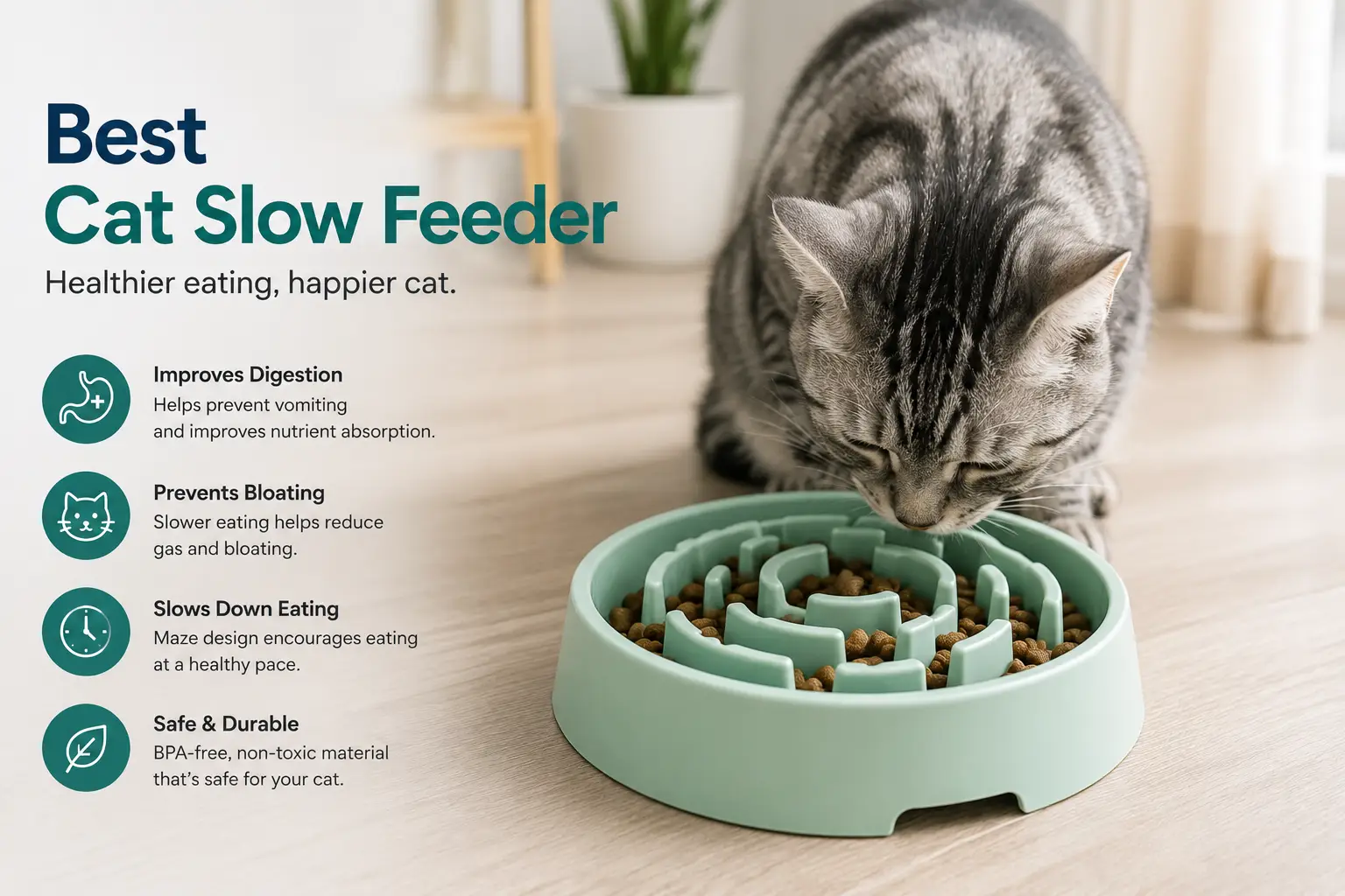 Best cat slow feeder with a maze-style bowl helping a tabby cat eat kibble more slowly for healthier digestion.