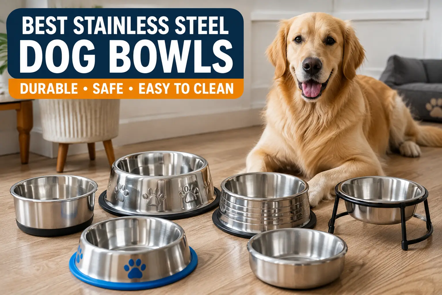 Best stainless steel dog bowls in different durable designs arranged with a golden retriever in a bright home