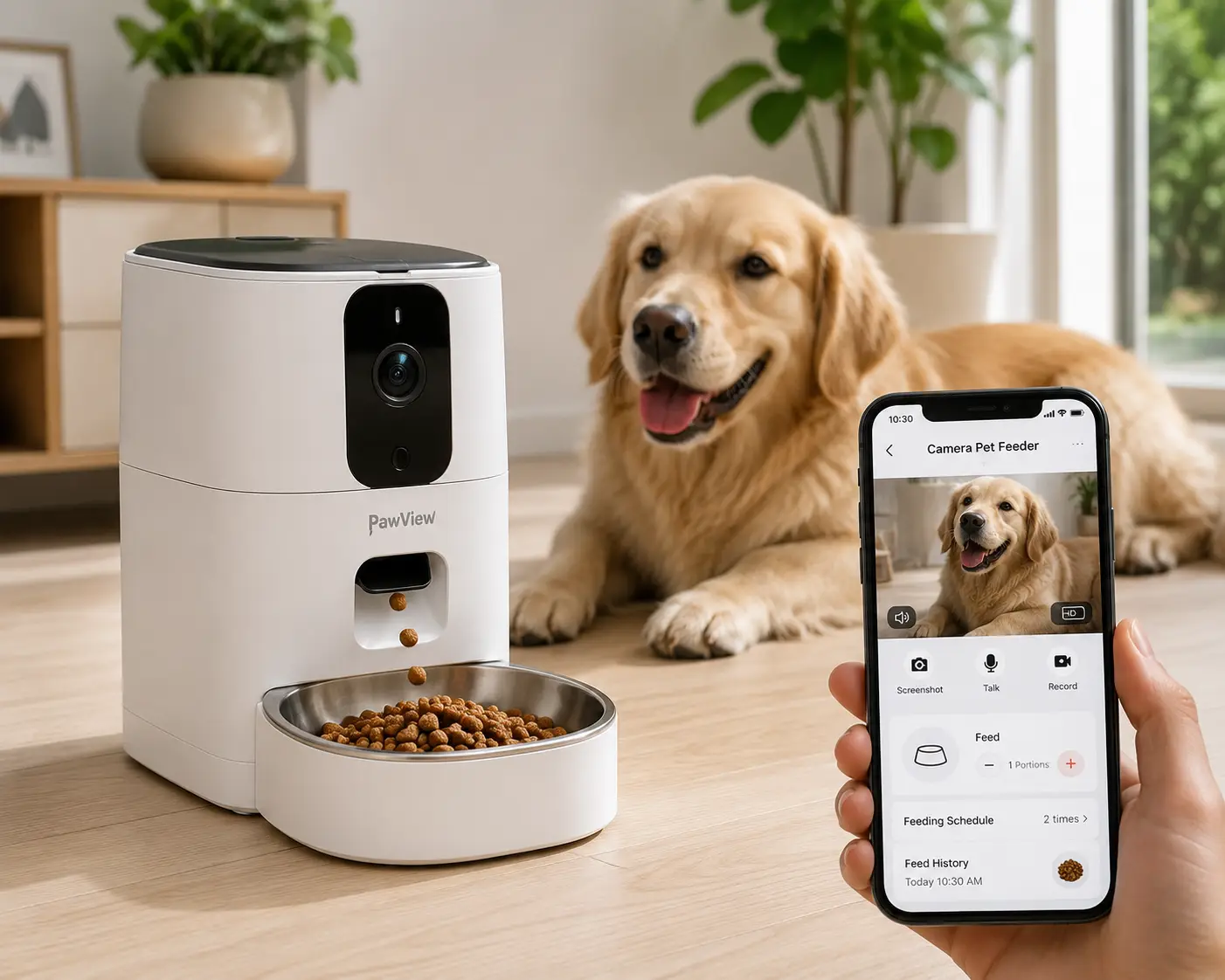 Camera pet feeder dispensing food while a smartphone provides a live view of a dog and feeding controls.