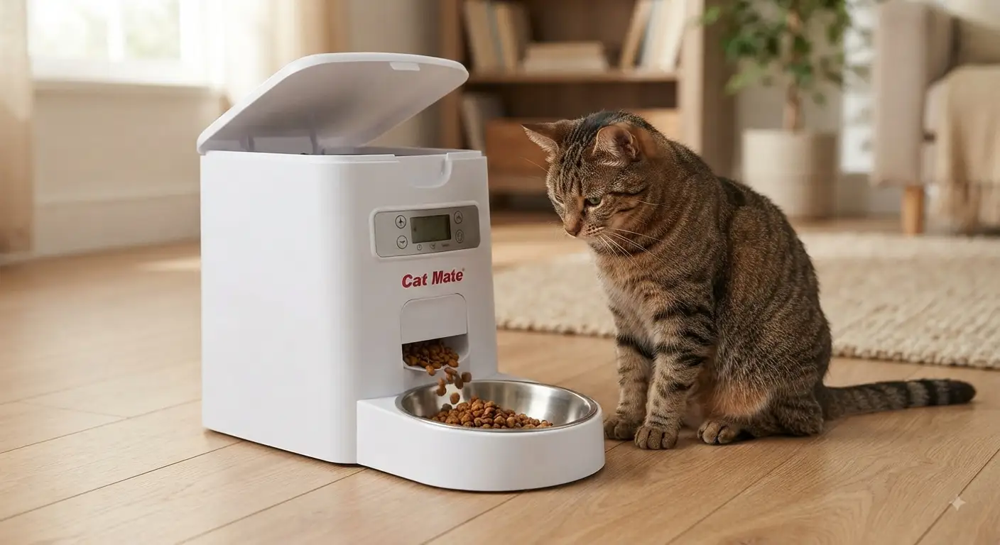 A close-up photograph in a home setting shows a white Cat Mate C500 automatic cat feeder dispensing dry kibble into its stainless steel bowl. A domestic tabby cat is sitting patiently beside the device, waiting to eat its scheduled meal.