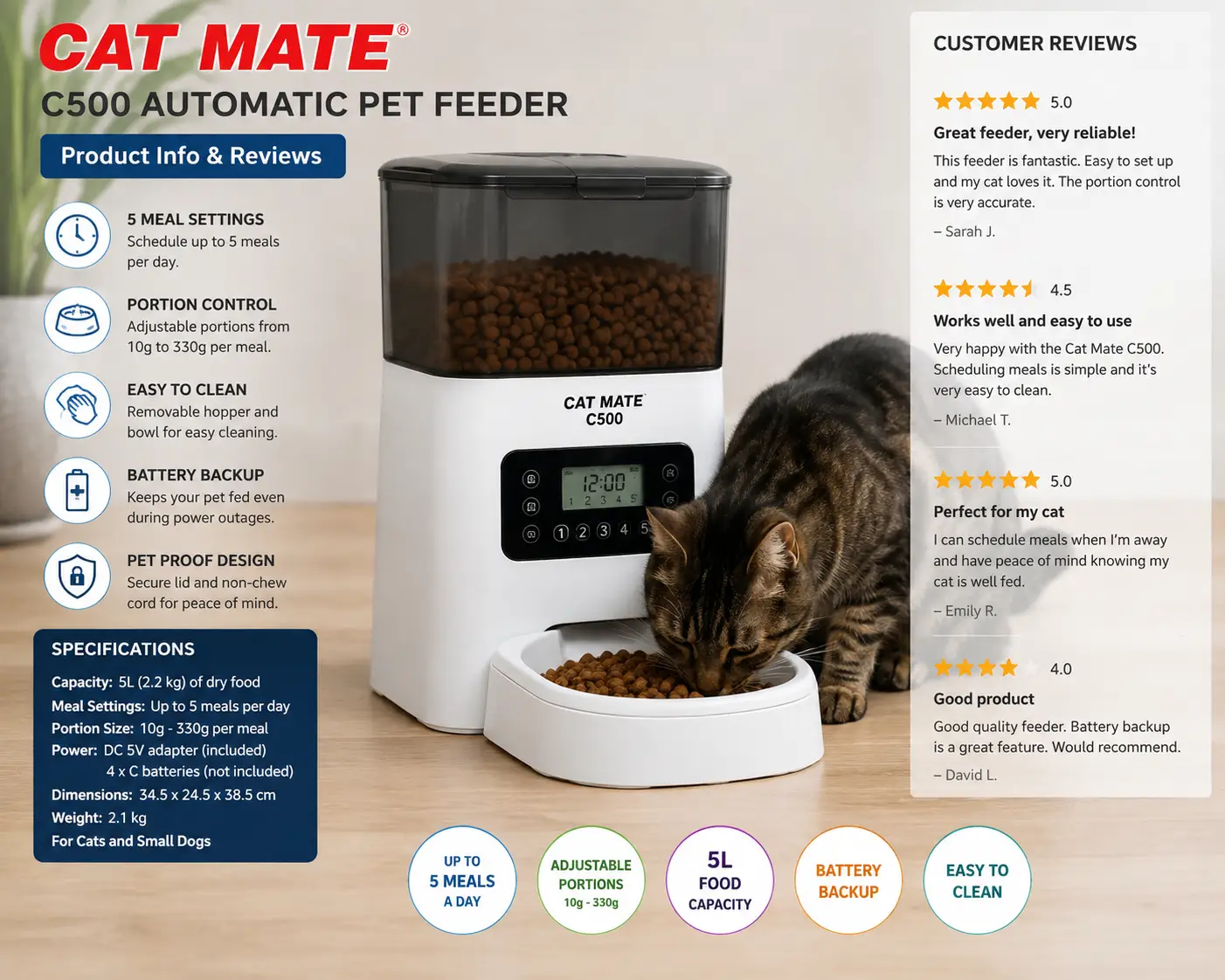 cat mate c500 futterautomat product info and reviews showing the automatic pet feeder with scheduled meals and a cat eating nearby