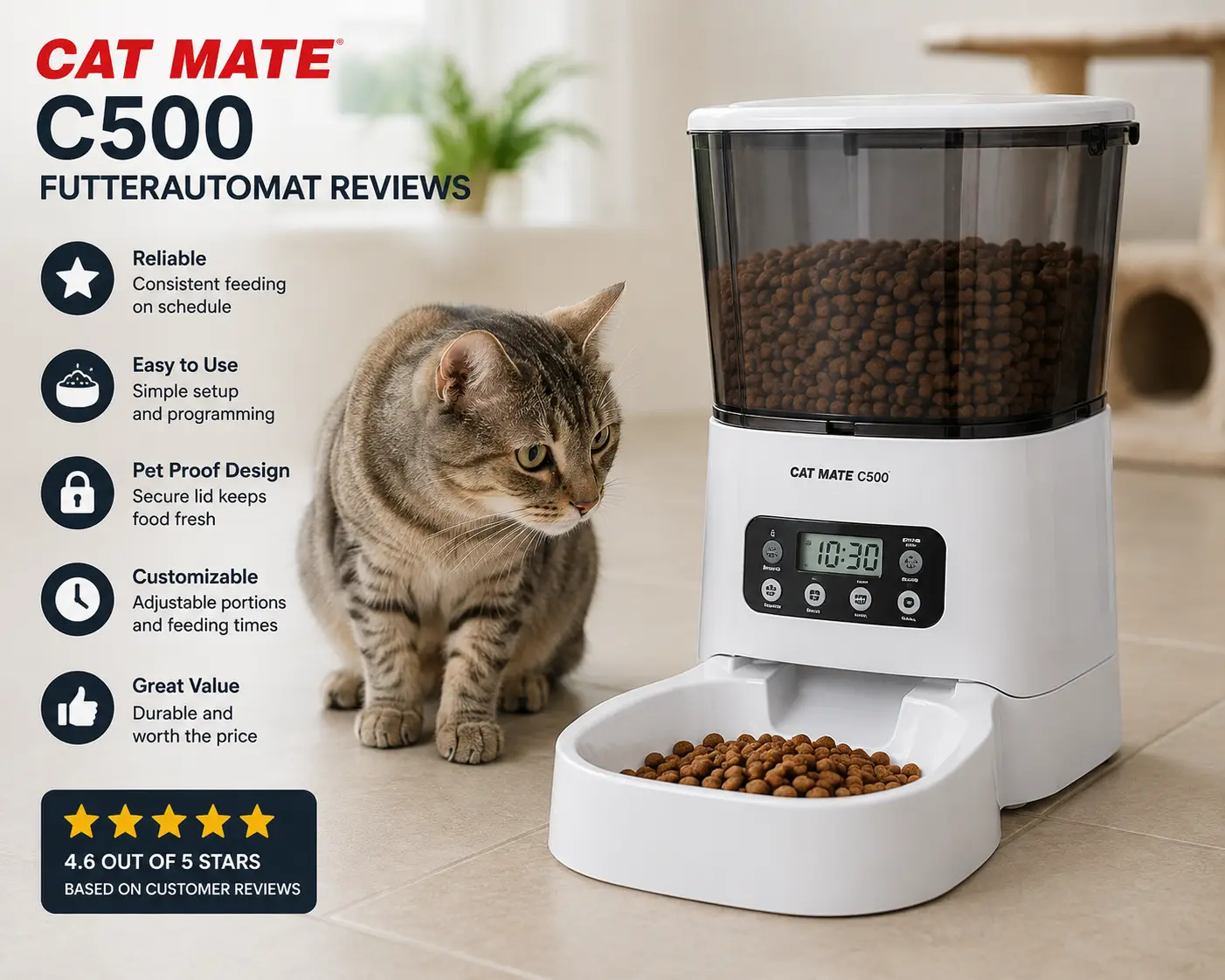 cat mate c500 futterautomat reviews showing the automatic cat feeder with scheduled feeding features and a cat nearby