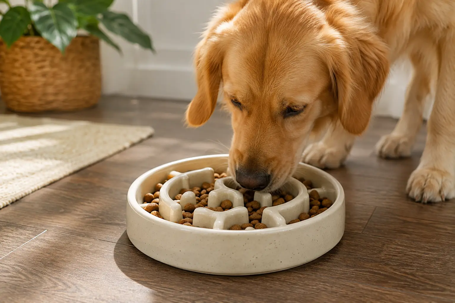 Ceramic slow feeder bowl filled with kibble for a golden retriever
