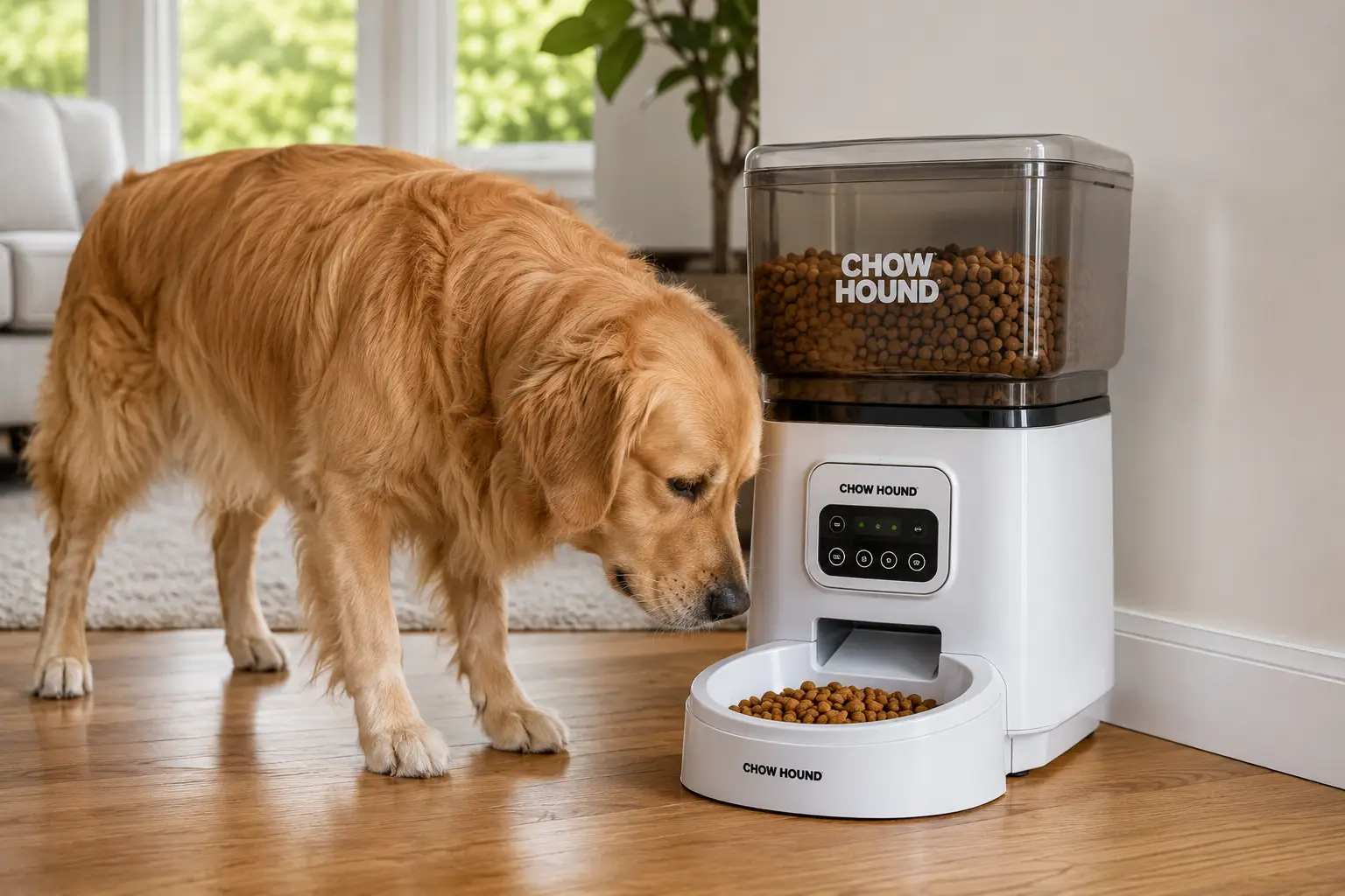 Chow Hound dog feeder dispensing kibble for a golden retriever in a modern home