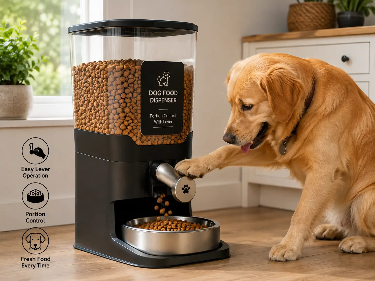 Dog food dispenser with lever releasing kibble into a stainless steel bowl for easy portion control