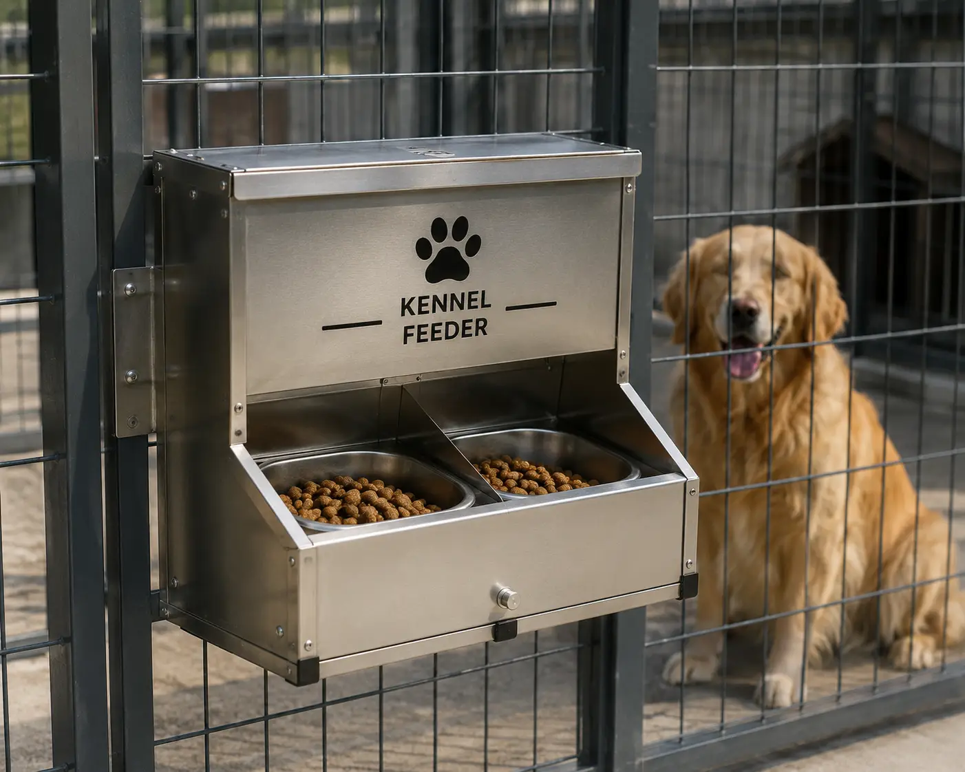 Dog kennel feeders with stainless steel bowls mounted to a wire kennel gate beside a golden retriever