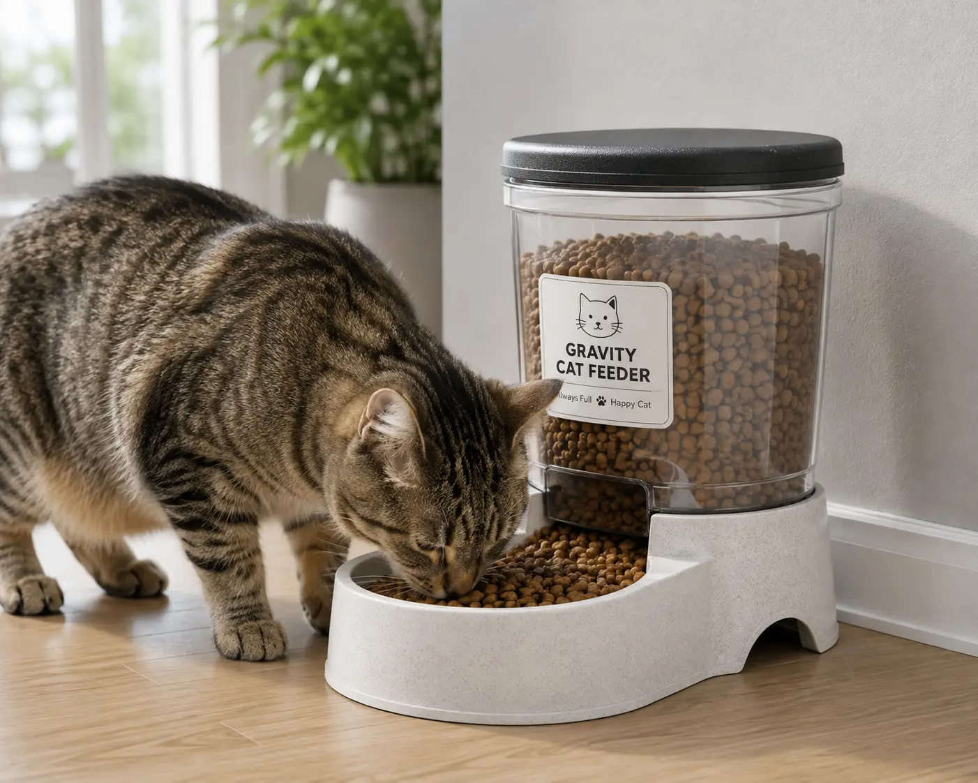 Gravity cat feeders with clear food dispensers and a tabby cat eating dry kibble