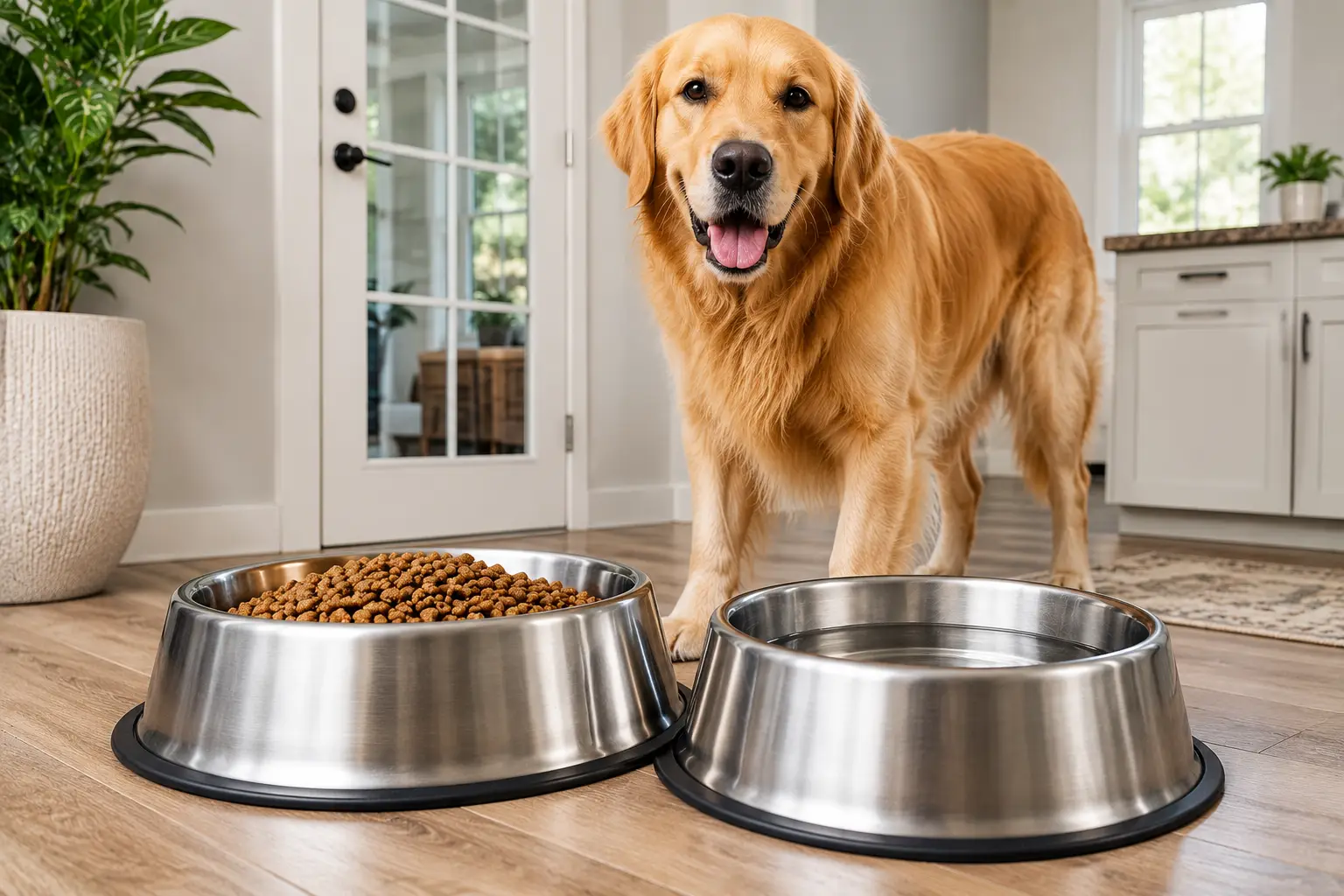 Large stainless steel dog bowls filled with food and water in front of a golden retriever