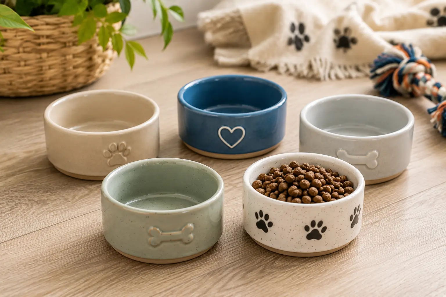Small ceramic dog bowls in assorted colors, including a bowl filled with dry dog food