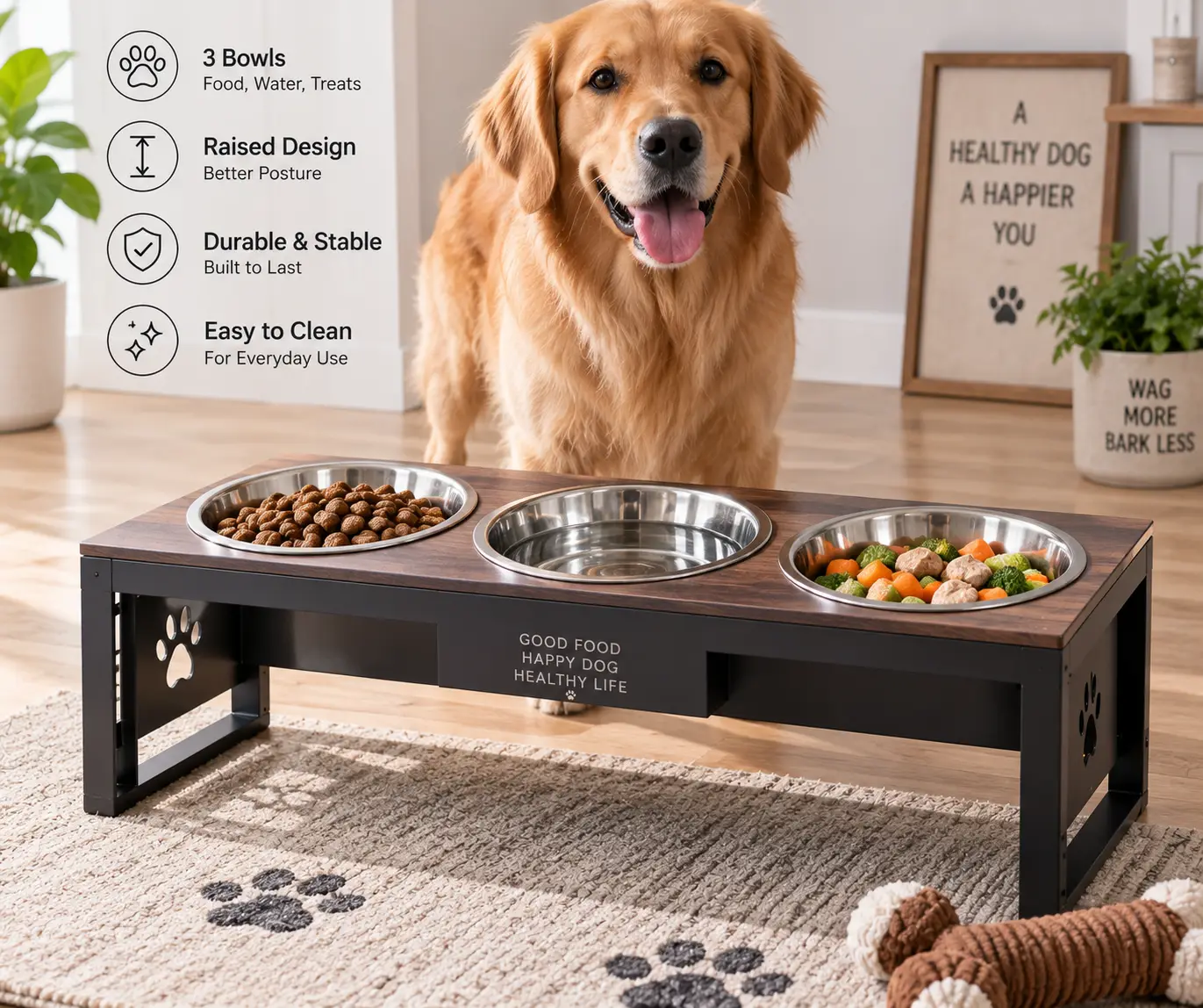 3 bowl raised dog feeder with stainless steel bowls for food, water, and treats in a modern home