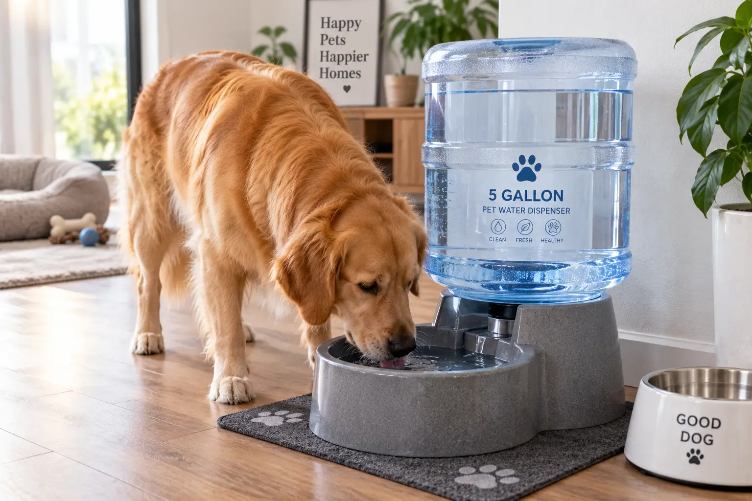 5 gallon pet water dispenser providing fresh drinking water for a dog at home