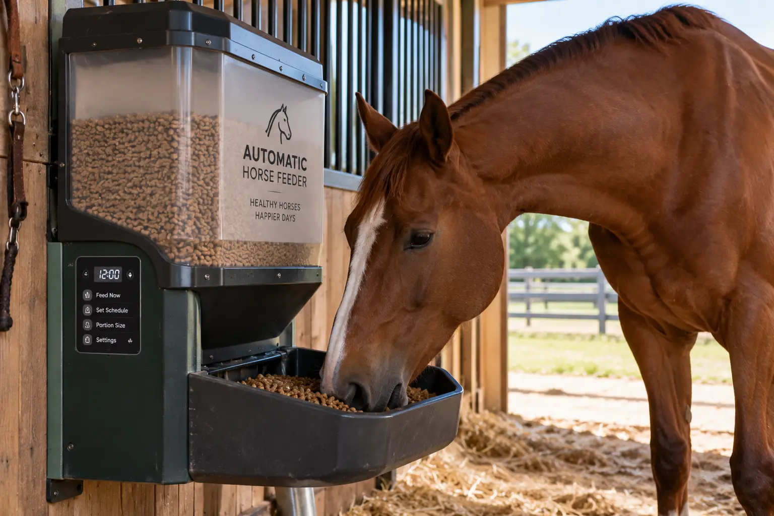 Auto horse feeder dispensing pellets to a chestnut horse inside a bright stable