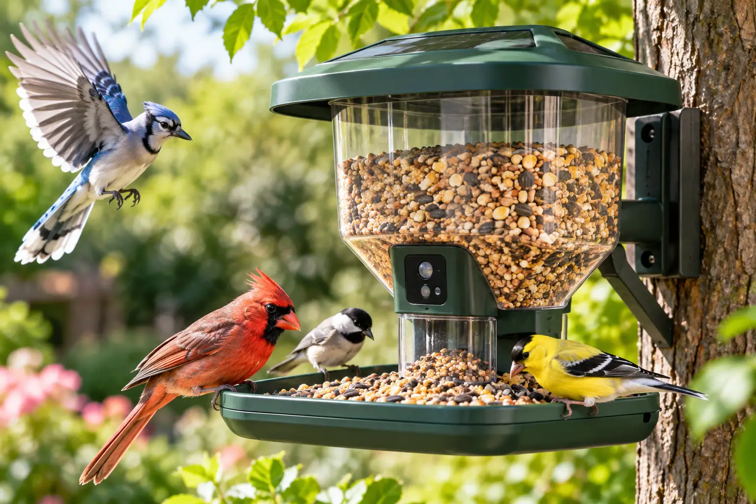 Automatic feeder for birds filled with mixed seeds and surrounded by colorful backyard birds
