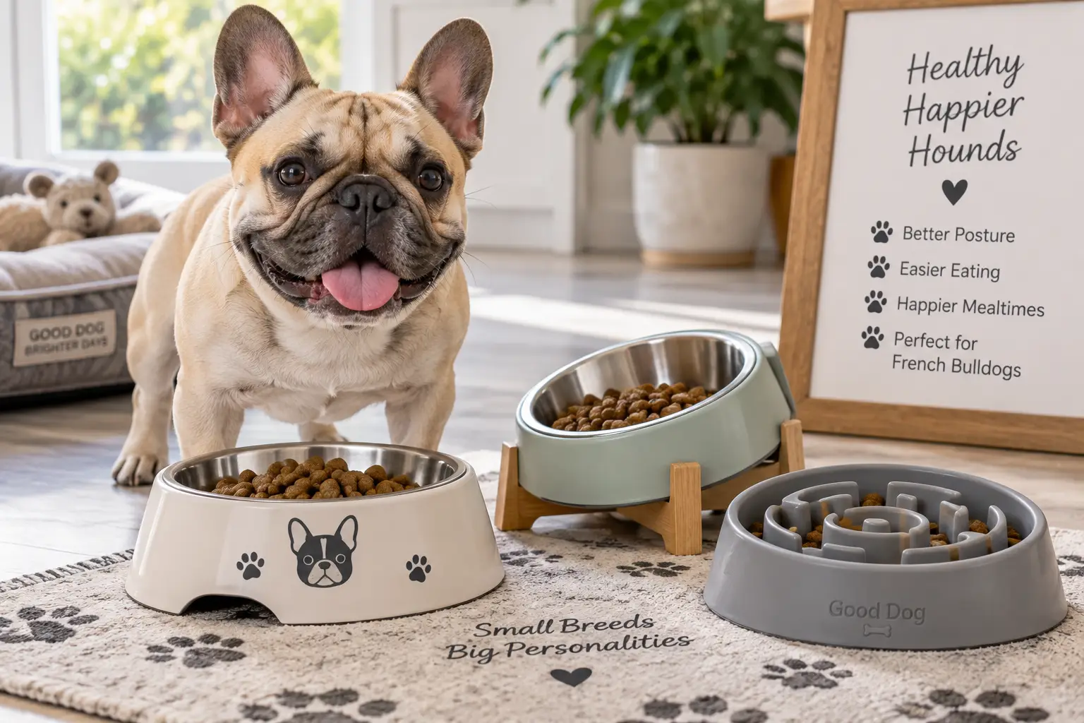 French Bulldog beside elevated and slow feeder dog bowls designed for comfortable mealtimes