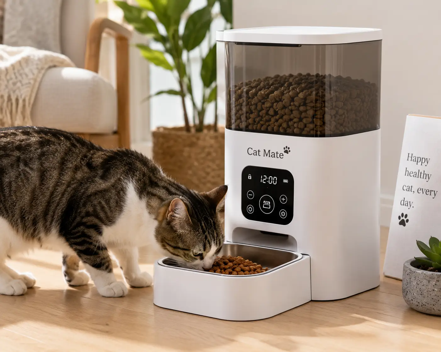 Cat Mate feeder dispensing dry food to a cat, with a timed feeding system for convenient daily meals.