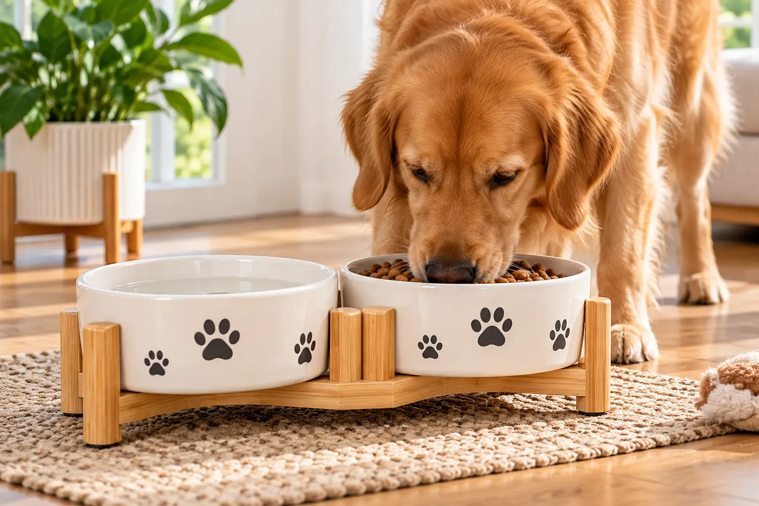 Ceramic dog bowl set with food and water on a raised wooden stand in a bright home.