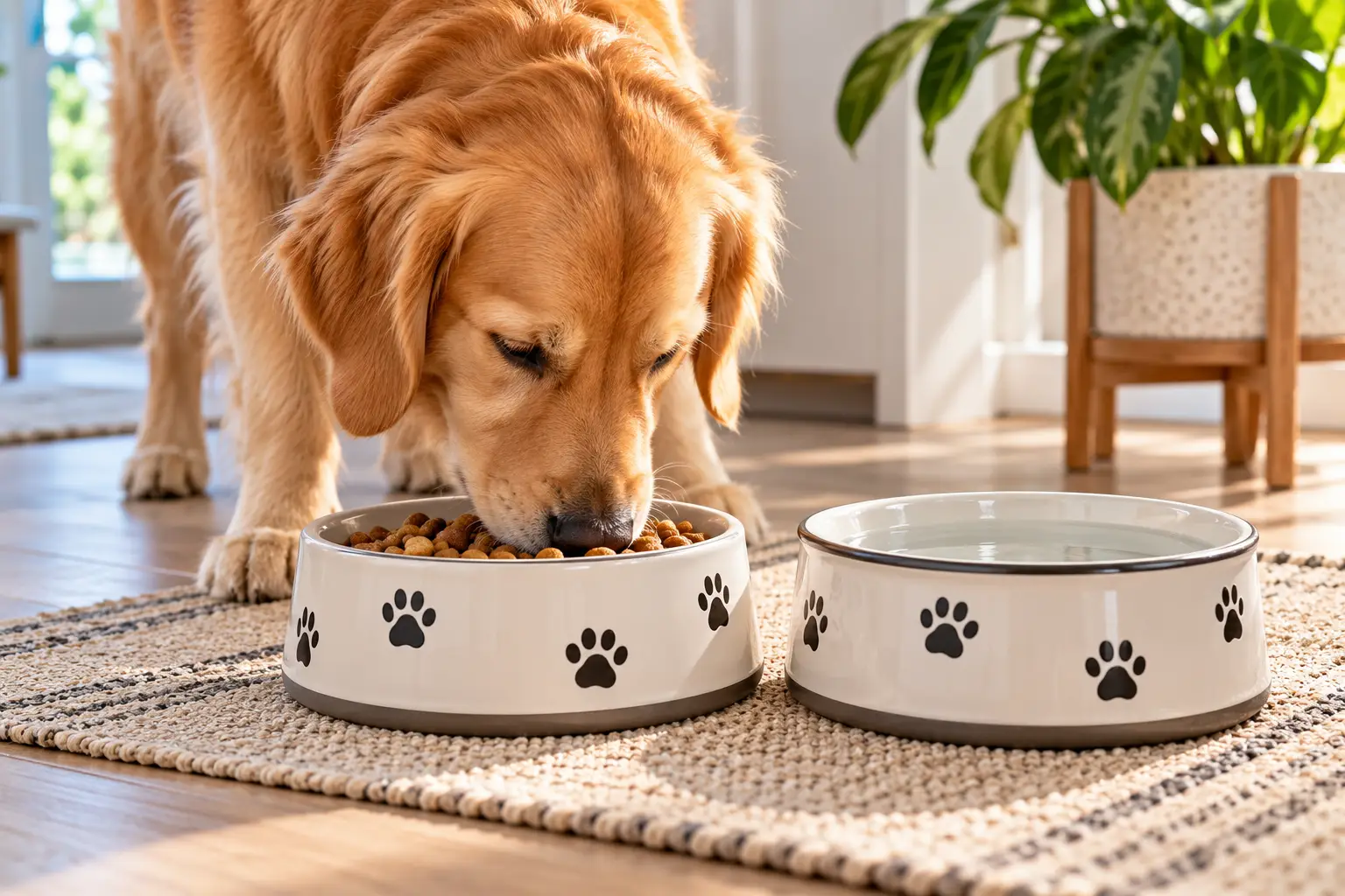 Ceramic dog dishes with paw print designs, featuring food and fresh water for a golden retriever