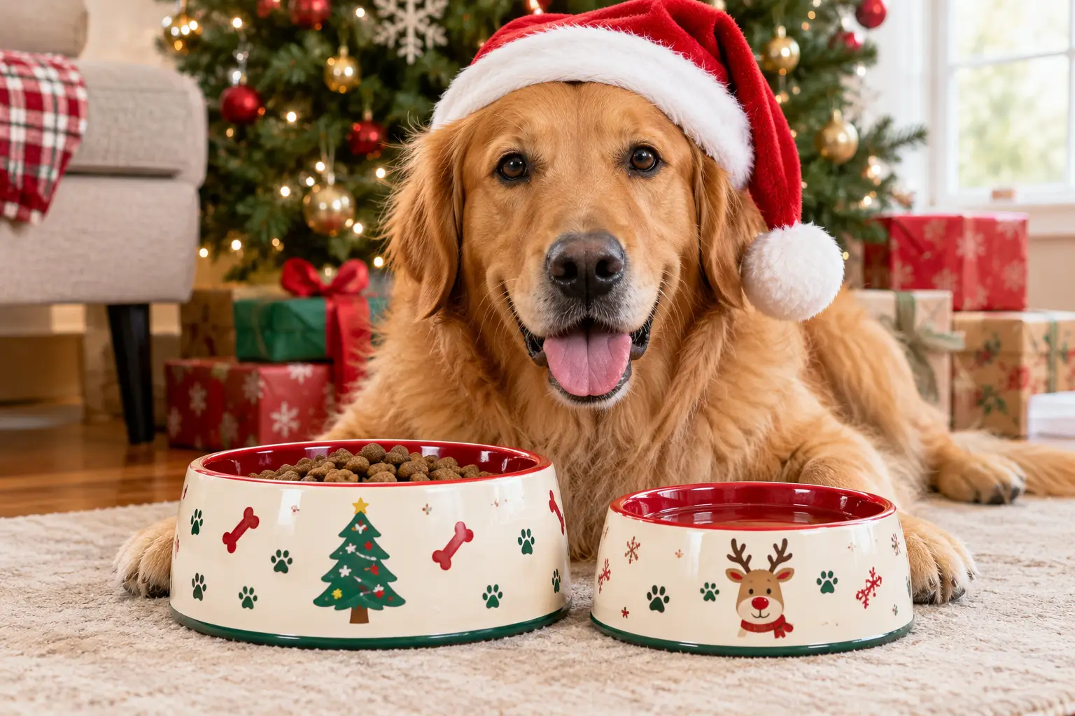 Christmas bowls for dogs with festive designs, filled with food and water beside a golden retriever