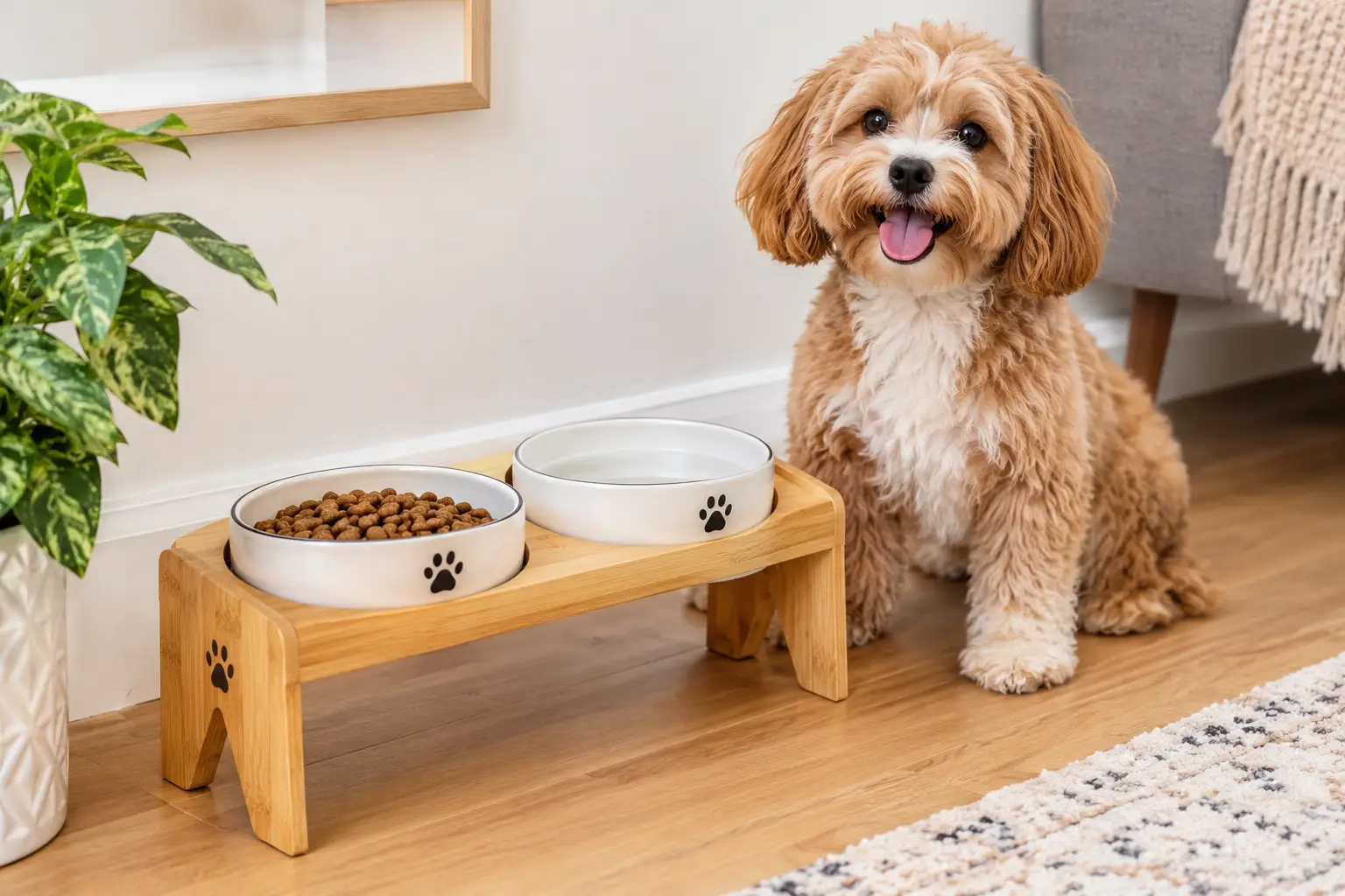 Cute dog bowls with stand featuring ceramic food and water bowls on a raised bamboo feeder beside a happy dog