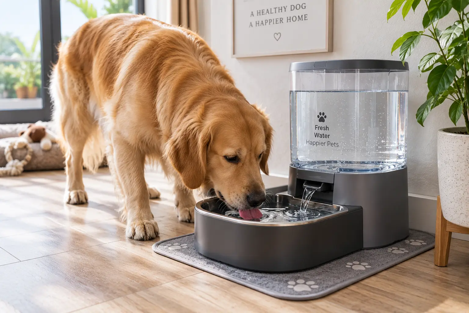 Automatic dog watering system providing fresh flowing water for a golden retriever