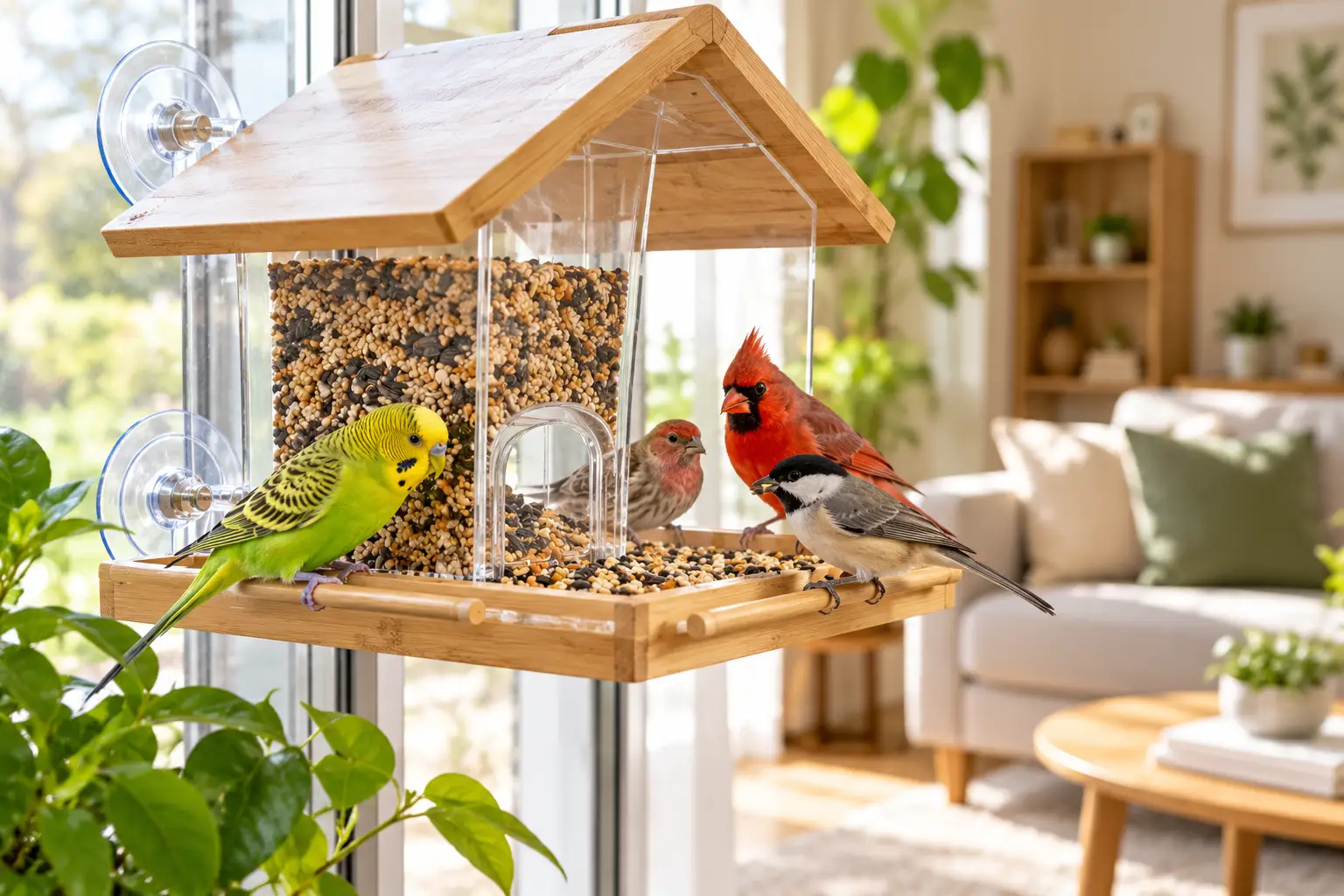 Indoor bird feeder filled with bird seed and colorful birds mounted by a sunny window