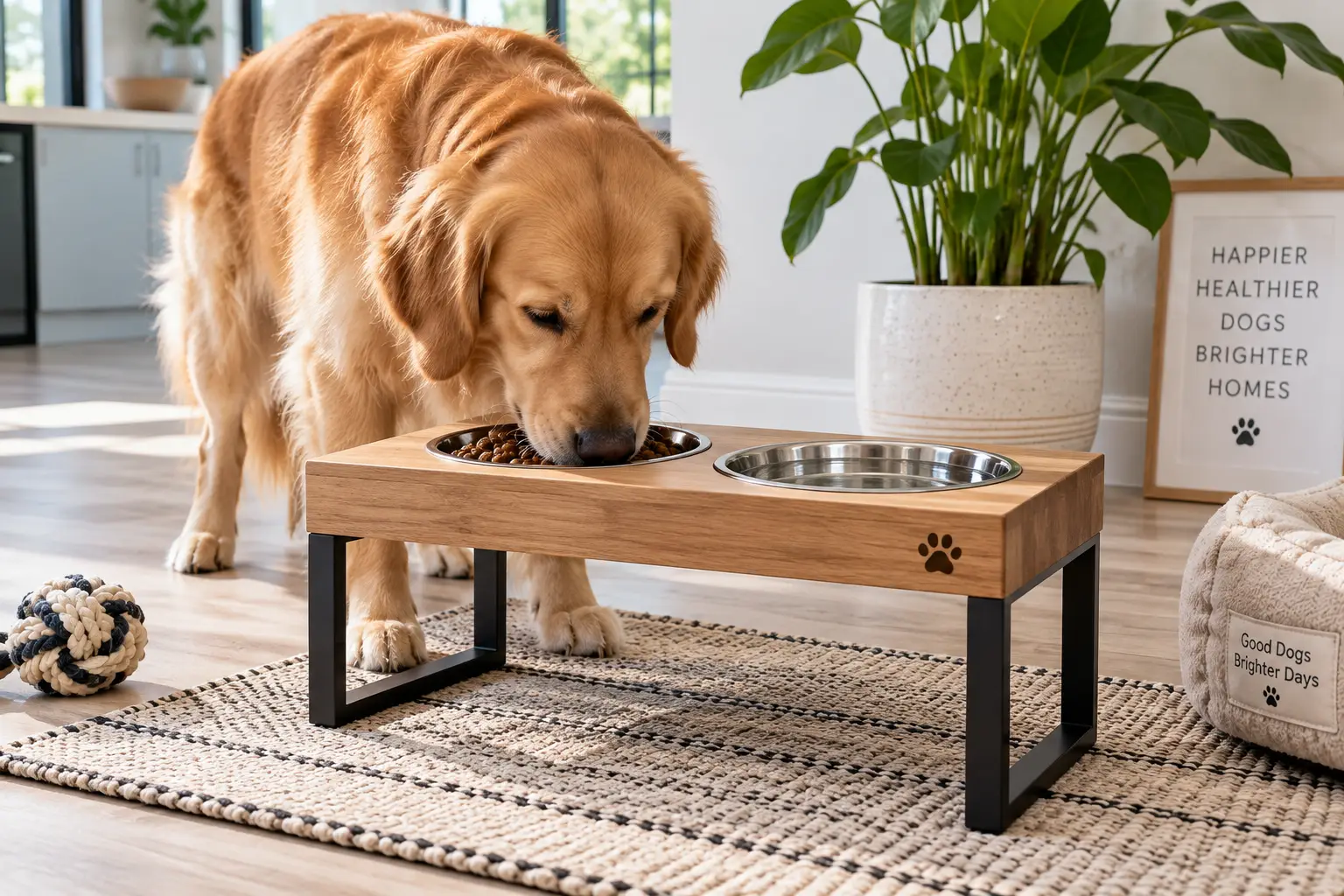 Modern elevated dog bowls with stainless steel dishes and a wooden raised feeder for a golden retriever