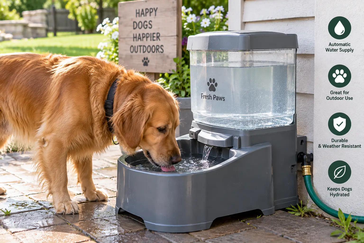 Outdoor automatic dog water dispenser providing fresh flowing water for a golden retriever