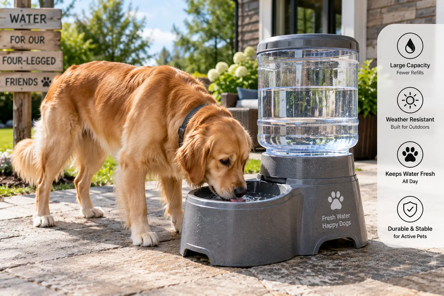 Outdoor water dispenser for dogs providing fresh drinking water for a golden retriever in a backyard
