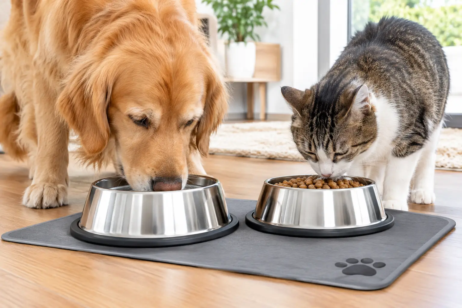 Pet dish with stainless steel bowls for a dog and cat eating together indoors