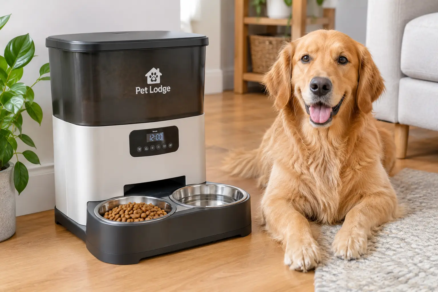 Pet Lodge dog feeder with automatic food dispenser beside a golden retriever