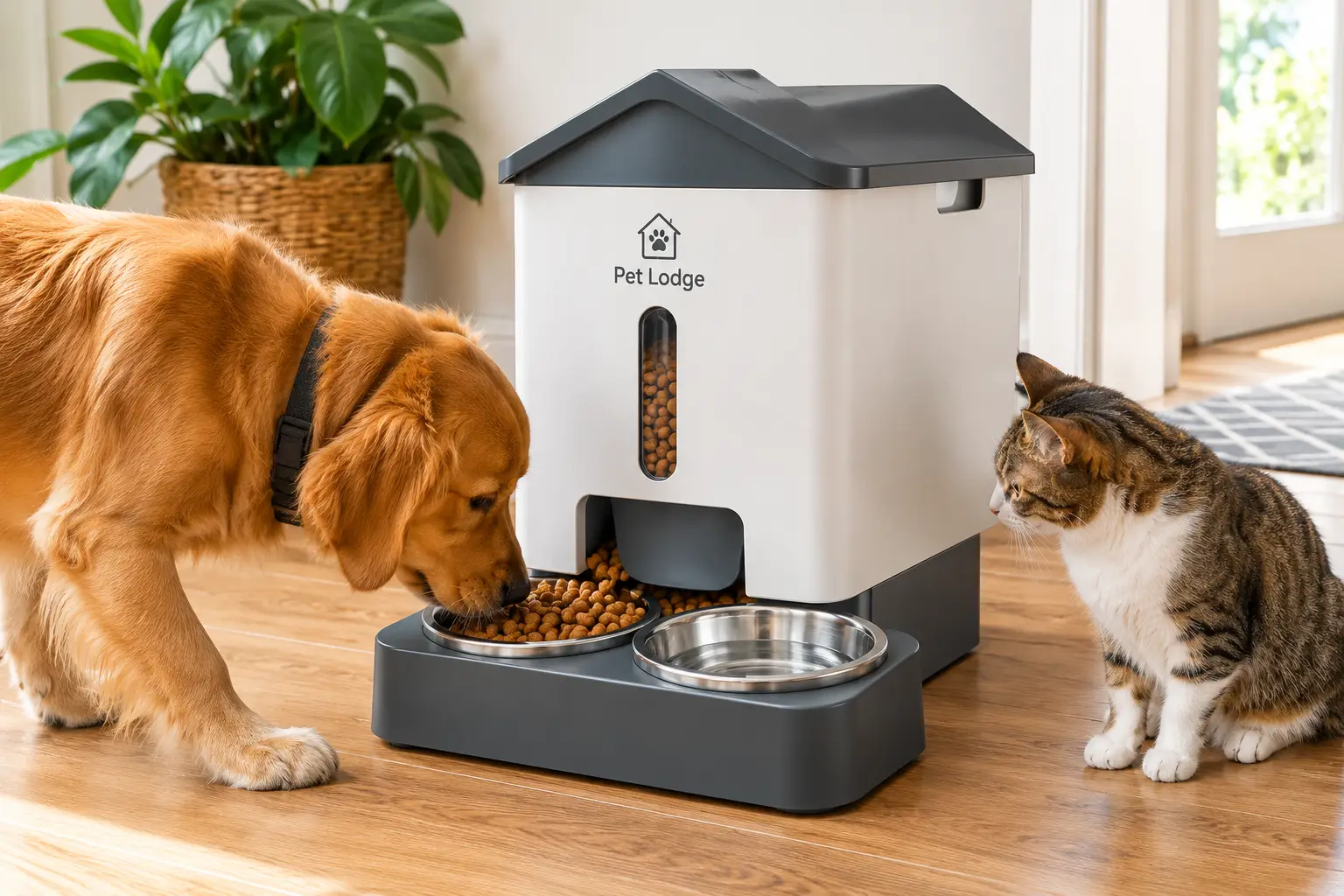 Pet lodge feeder dispensing food into a bowl for a dog and cat in a bright home