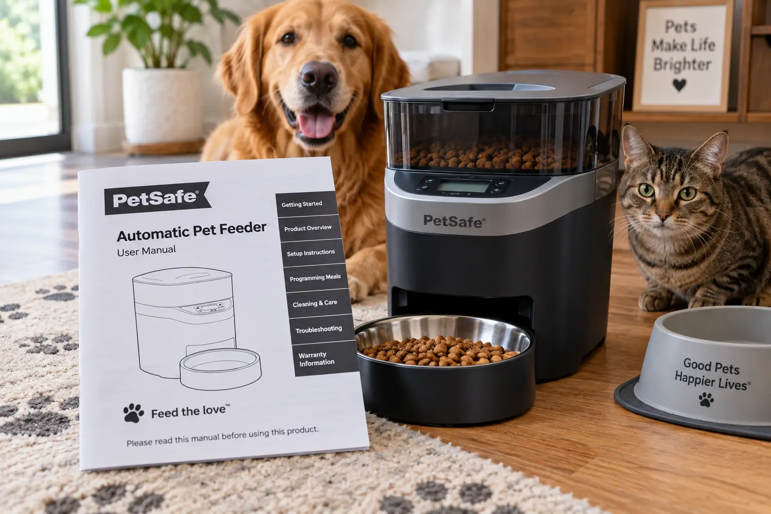 PetSafe pet feeder manual beside an automatic feeder with a golden retriever and cat