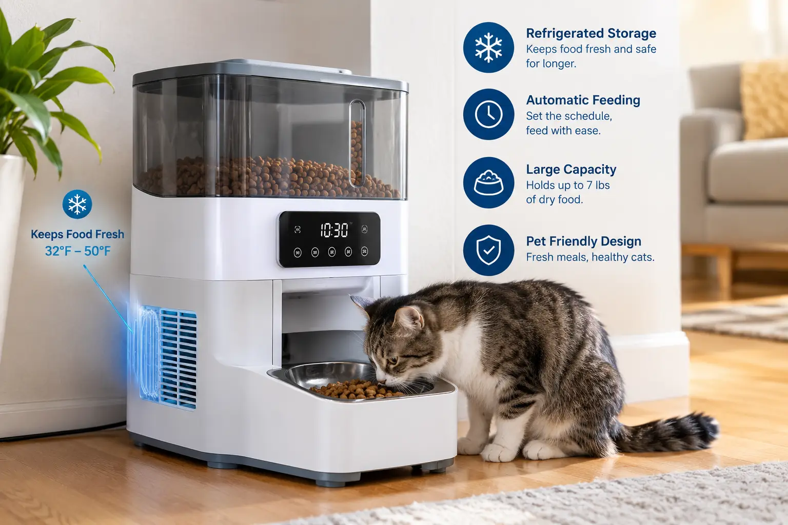 refrigerated automatic cat feeder keeping cat food fresh while serving scheduled meals in a modern home