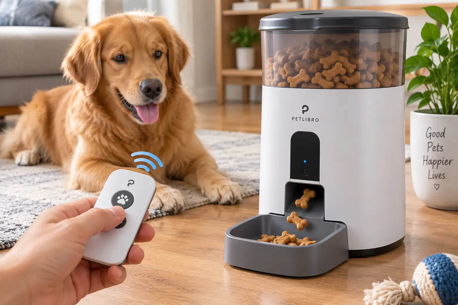 Remote control treat dispenser releasing dog treats while a golden retriever waits nearby