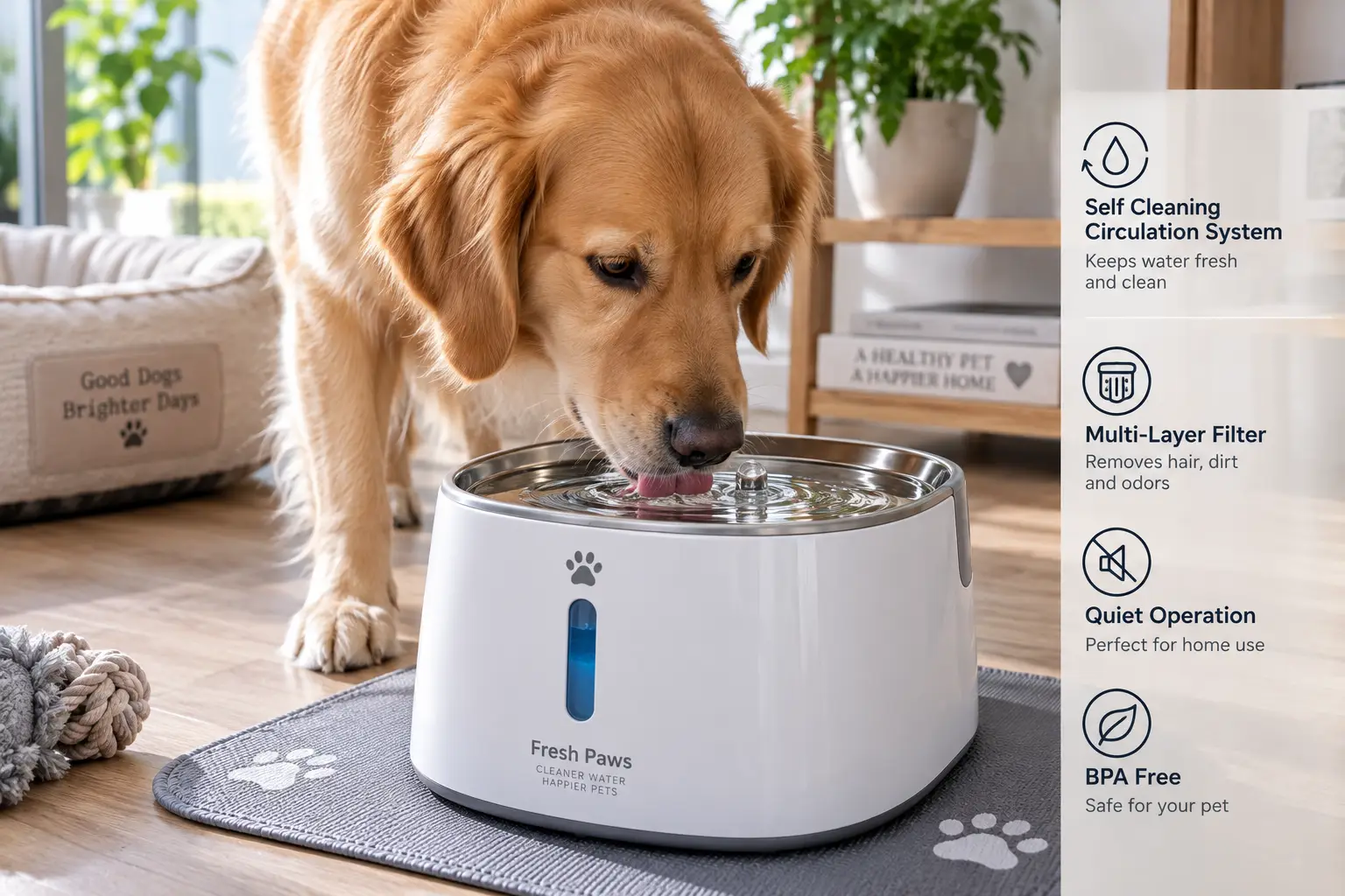 Self cleaning dog water bowl with circulating fresh water and a clean stainless steel basin