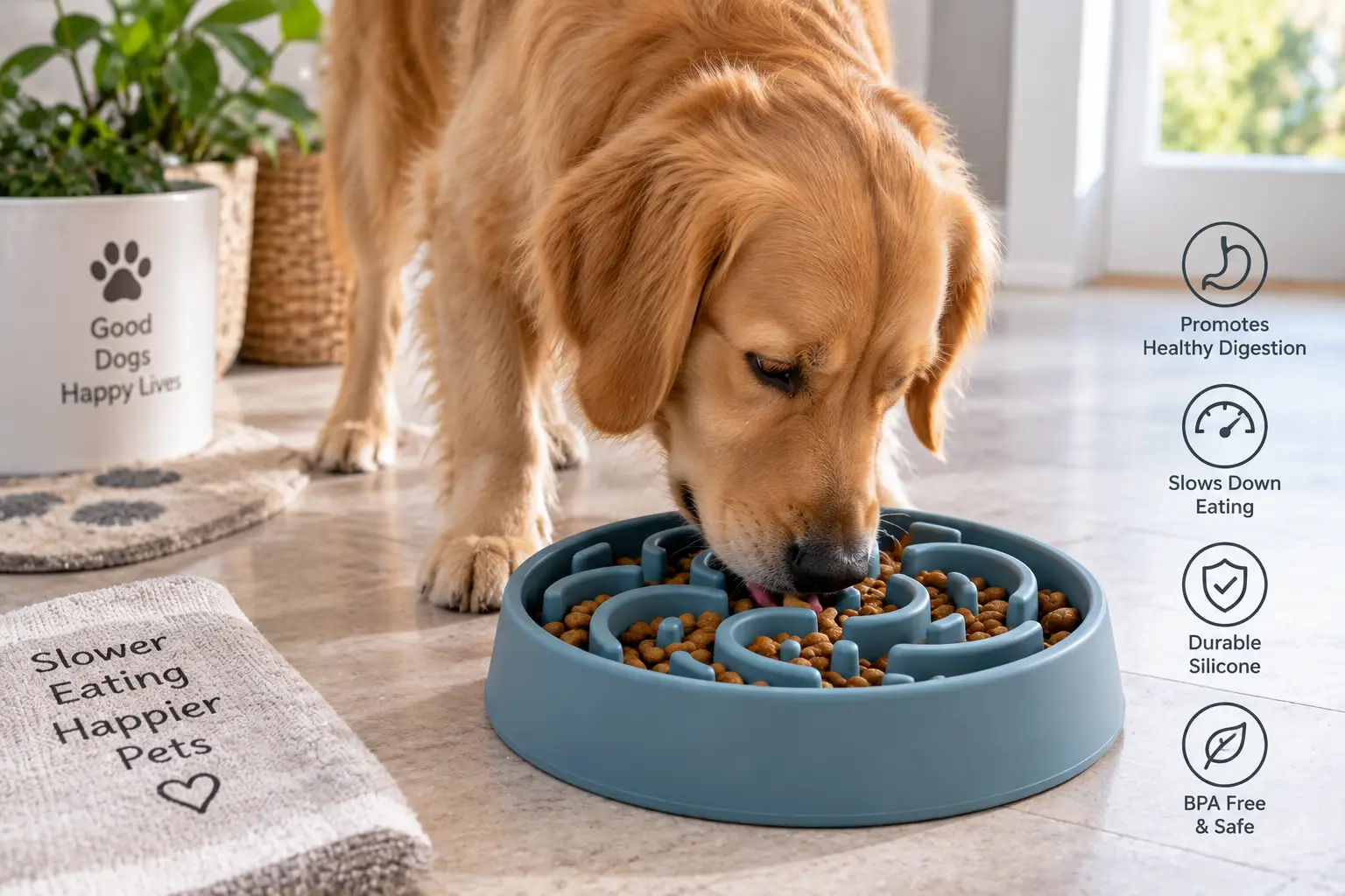 Silicone slow feeder bowl with raised maze design helping a golden retriever eat kibble more slowly