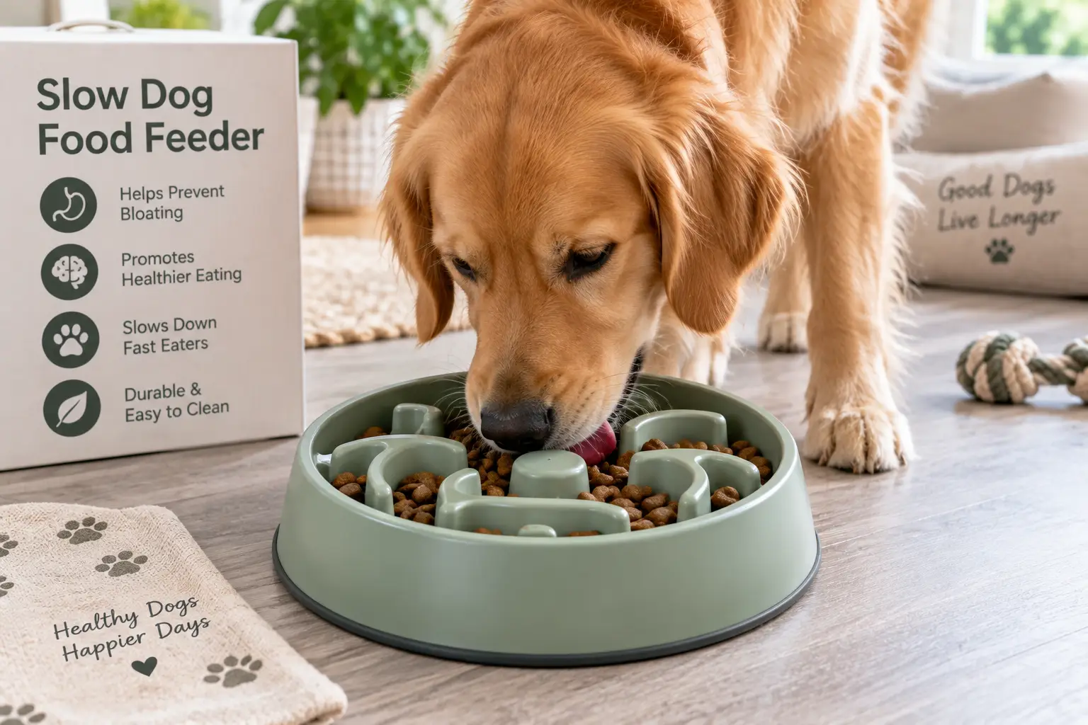 Slow dog food feeder with maze-style design helping a golden retriever eat kibble more slowly