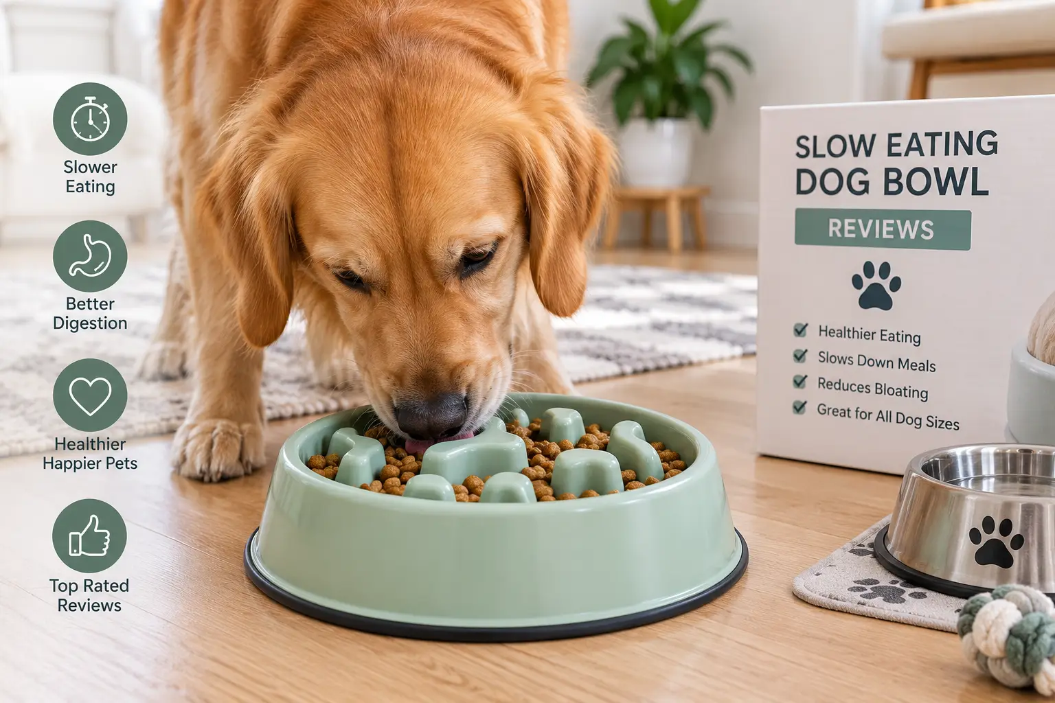 Slow eating dog bowl reviews featuring a golden retriever using a maze-style slow feeder bowl