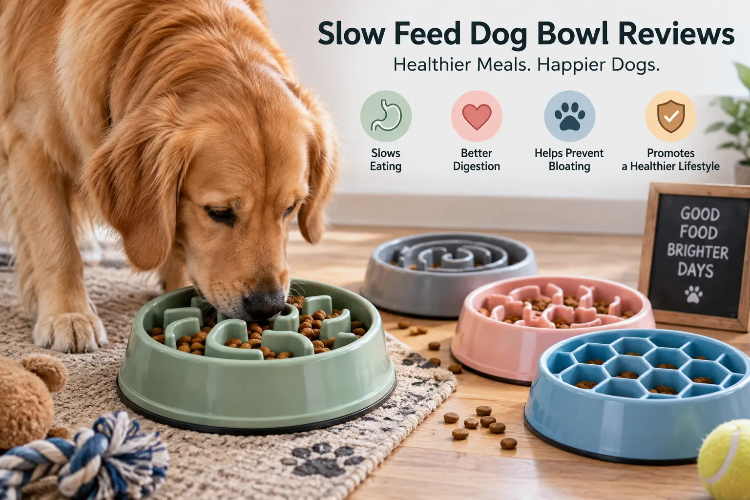 Slow feed dog bowl reviews featuring a golden retriever using a maze-style bowl alongside other slow feeder designs