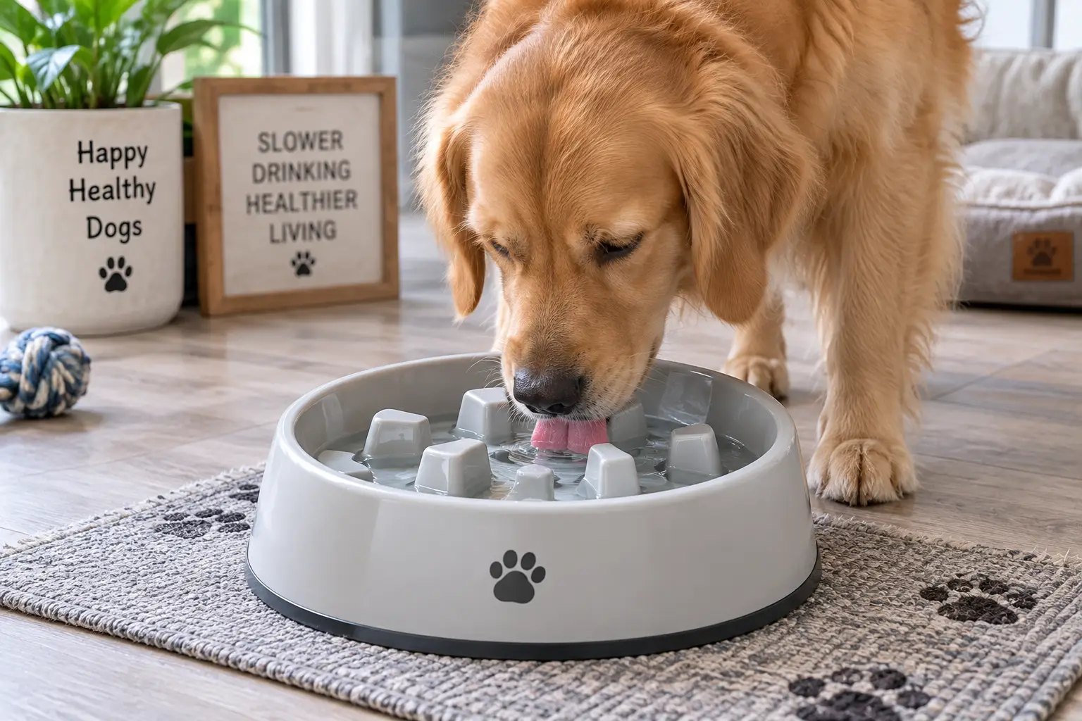 Golden retriever drinking from a slow feed water bowl for dogs with a maze-style design