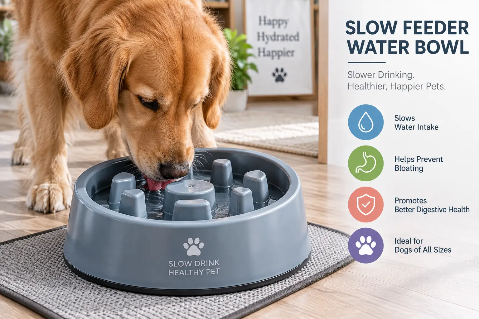 Slow feeder water bowl with raised channels helping a golden retriever drink more slowly