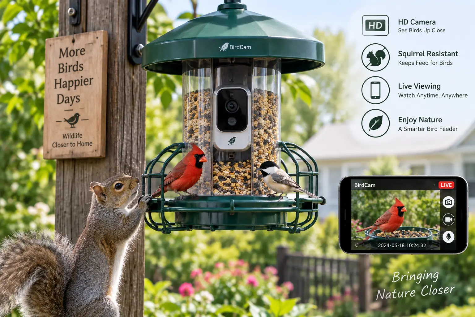 Squirrel resistant bird feeder with camera for monitoring birds in the backyard