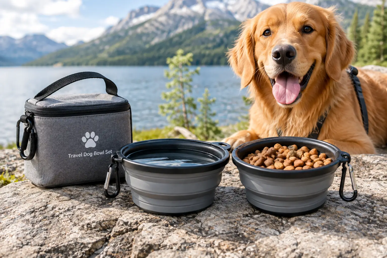 Travel dog bowl set with collapsible food and water bowls beside a happy golden retriever outdoors