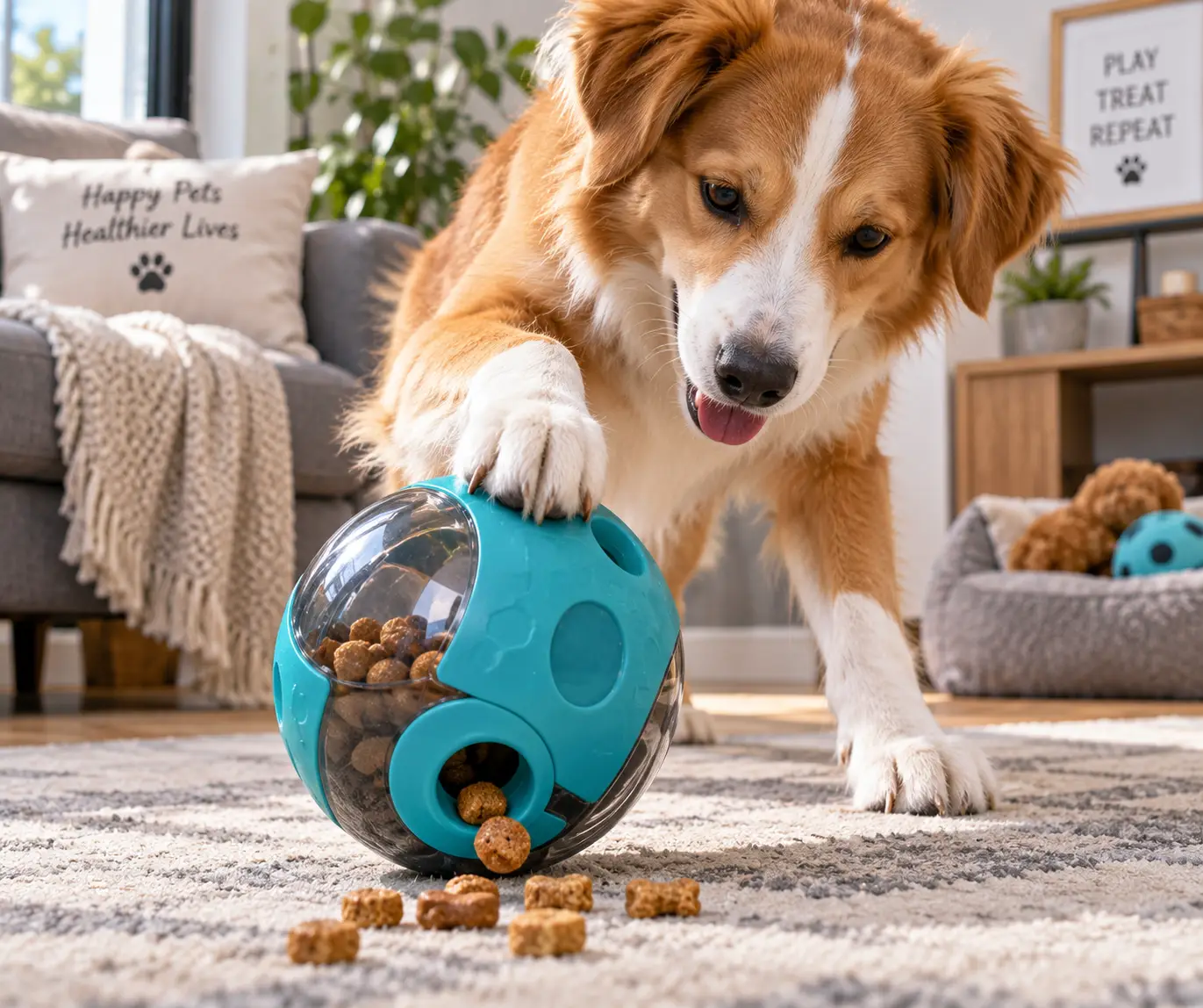 Treat dispensing ball filled with dog treats for interactive pet play and enrichment