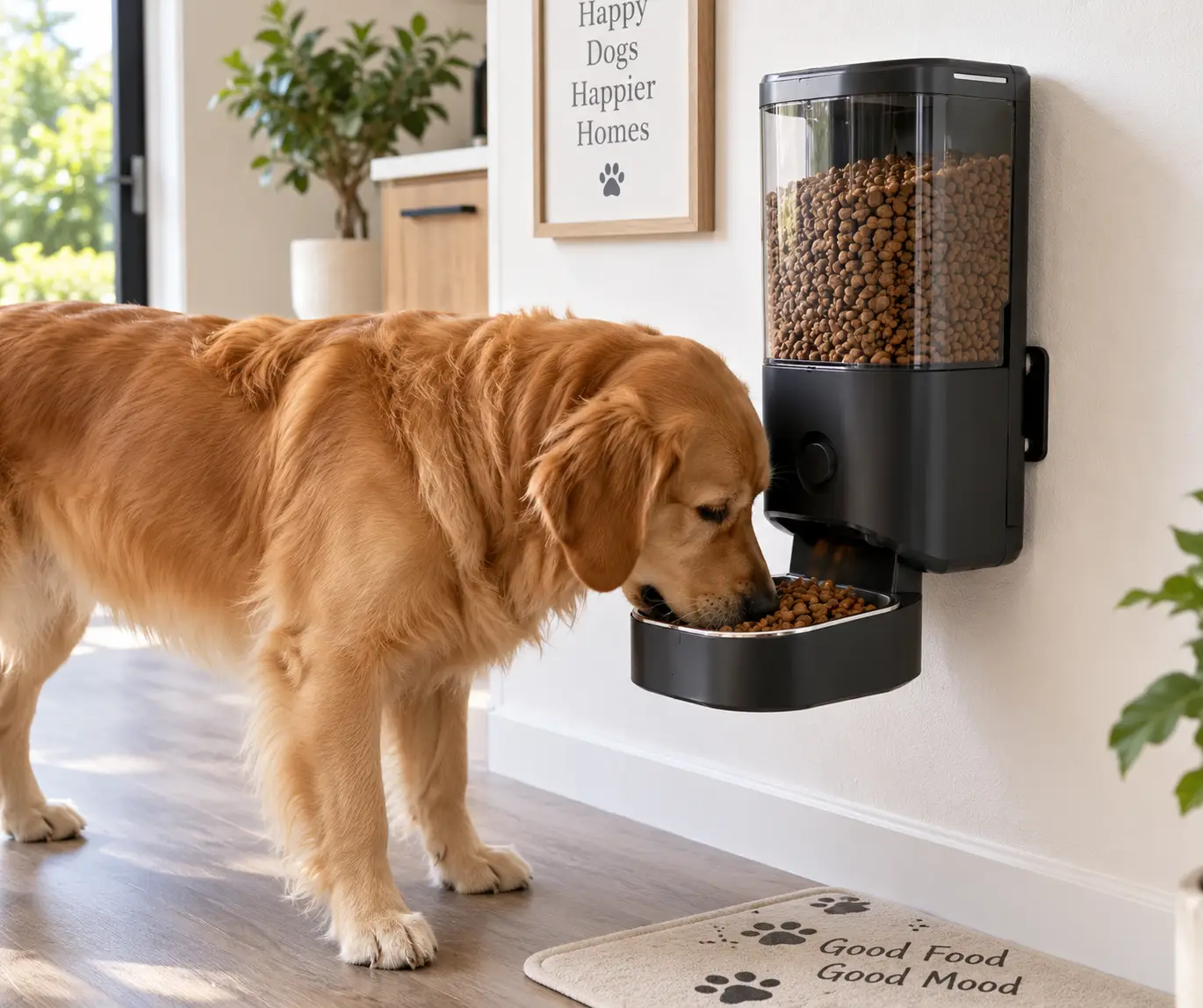 Wall mounted dog food dispenser filled with dry kibble while a golden retriever eats from the attached feeding bowl