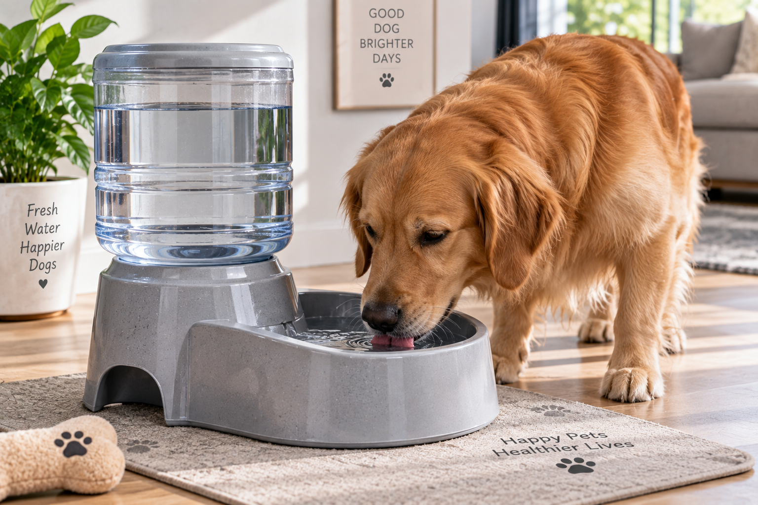 Water cooler dog bowl with a large reservoir providing fresh drinking water for a dog