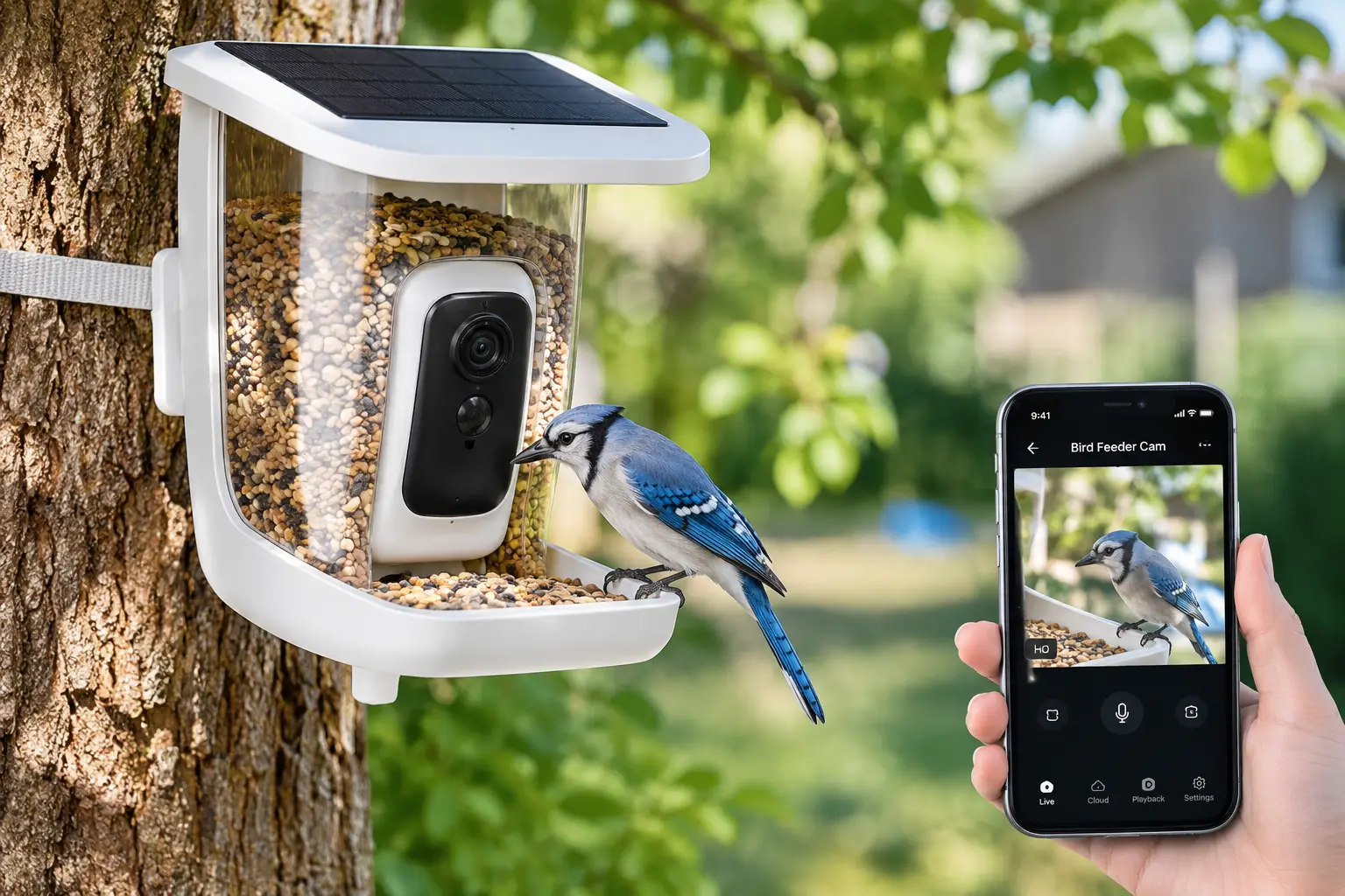 WiFi bird cam on a bird feeder capturing a blue jay while streaming a live view to a smartphone in a sunny backyard.