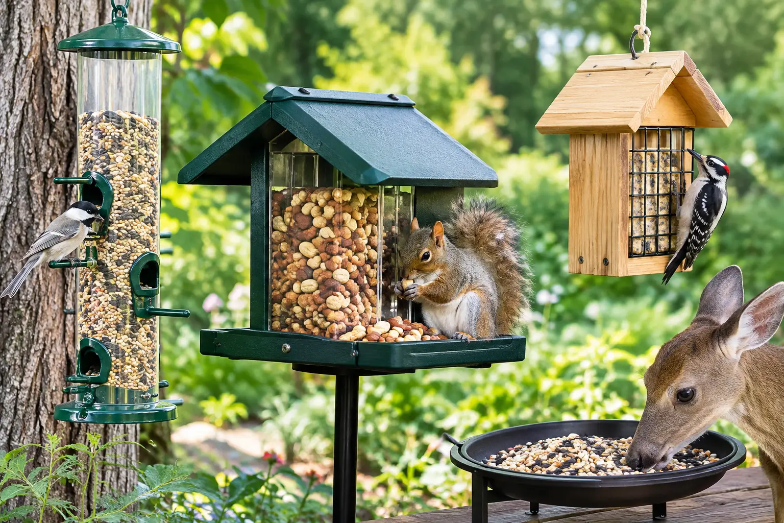 Animal feeders providing fresh food for birds, squirrels, and deer in a natural outdoor garden